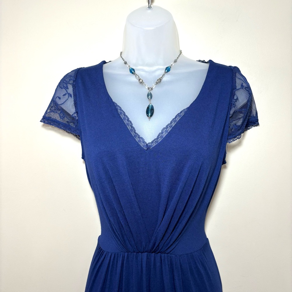 Navy Blue Maxi Dress Lace Cap Sleeves Lace Back Semi-Formal Casual - Picture 2 of 16